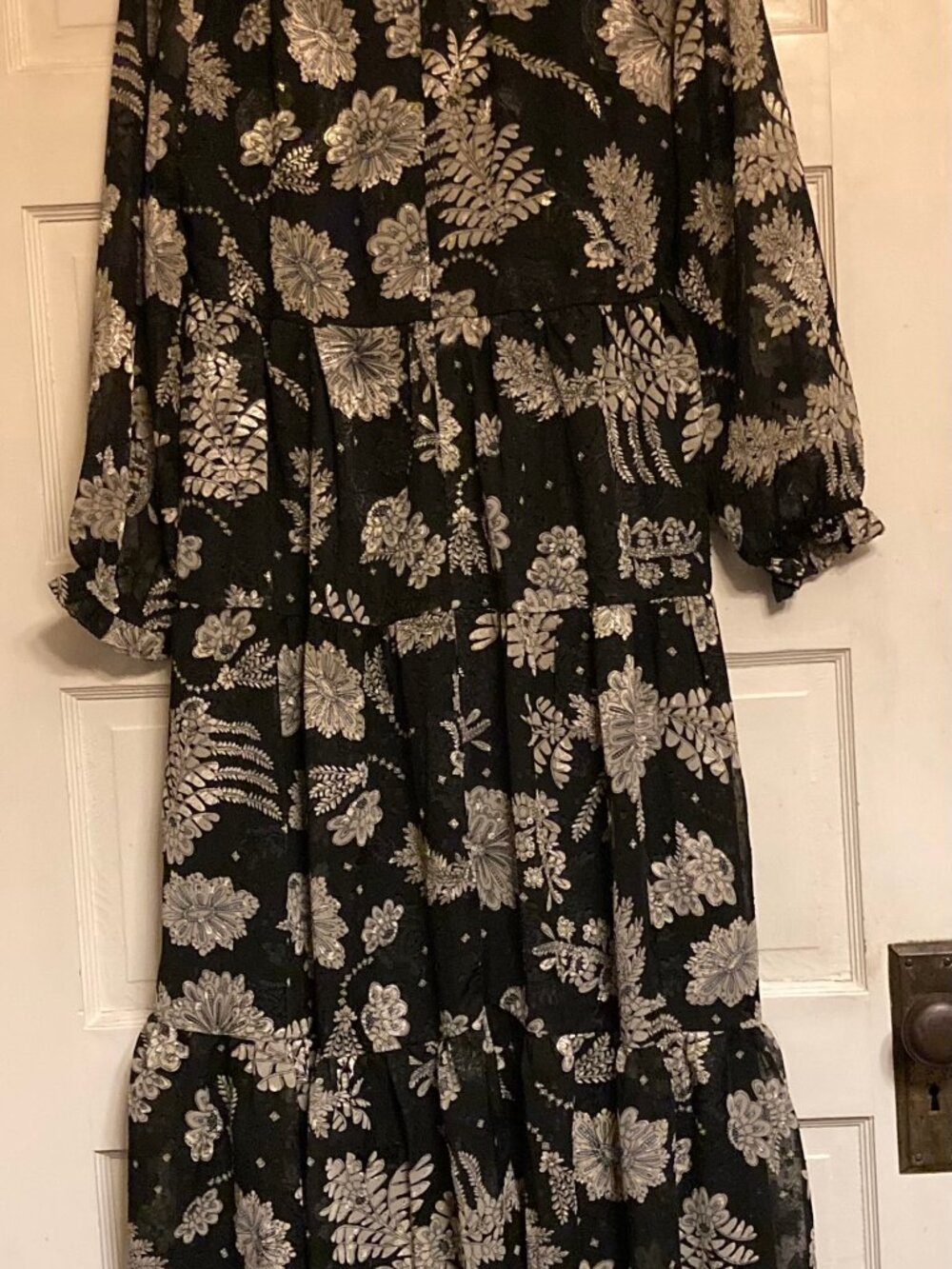 Polagram Black Metallic Floral Maxi Dress S Tiered Boho Holiday Party